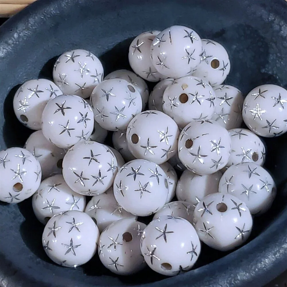 Vintage Retro White Silver Stars 12mm Round Acrylic Shabby Chic Beads 10 pcs
